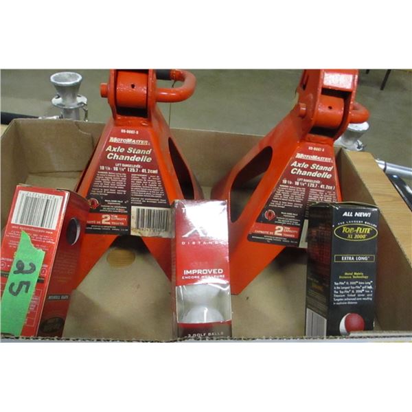 BOX C/W 2 - 2 TON AXLE STANDS & 3 BOXES OF GOLF BALLS