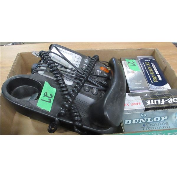 BOX C/W TELEPHONE, 4 BOXES OF GOLF BALLS, ETC