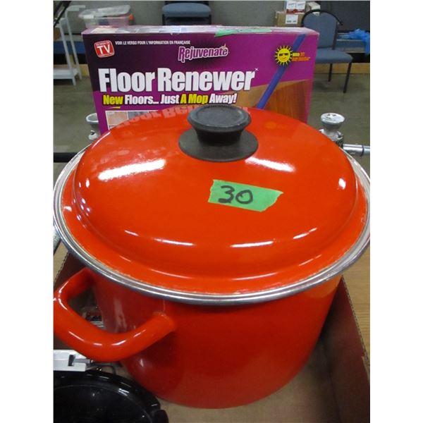 BOX C/W RED POT & LID, FLOOR RENEWER, KEY CHAINS, ETC