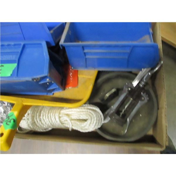 BOX C/W STORAGE BINS, ROPE, MISC