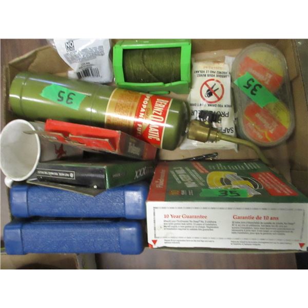 BOX C/W PROPANE TORCH, ICE PACKS, 2 SPOOLS FISHING LINE, ETC