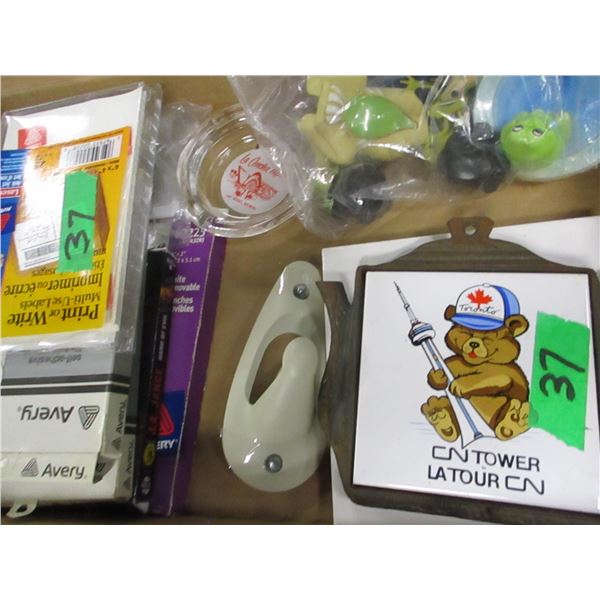BOX C/W TRIVETS, TOYS, LABELS, ETC