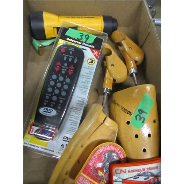 FLAT C/W SHOE STRETCHER, TV REMOTE, FLASH LITE, BADGES, ETC