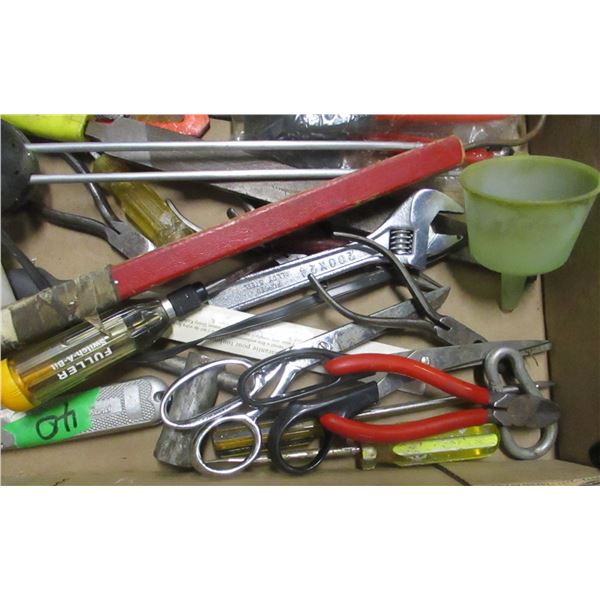 FLAT C/W ASSORTED TOOLS (WRENCHES, SCREWDRIVERS, SNIPS), FUNNEL, ETC