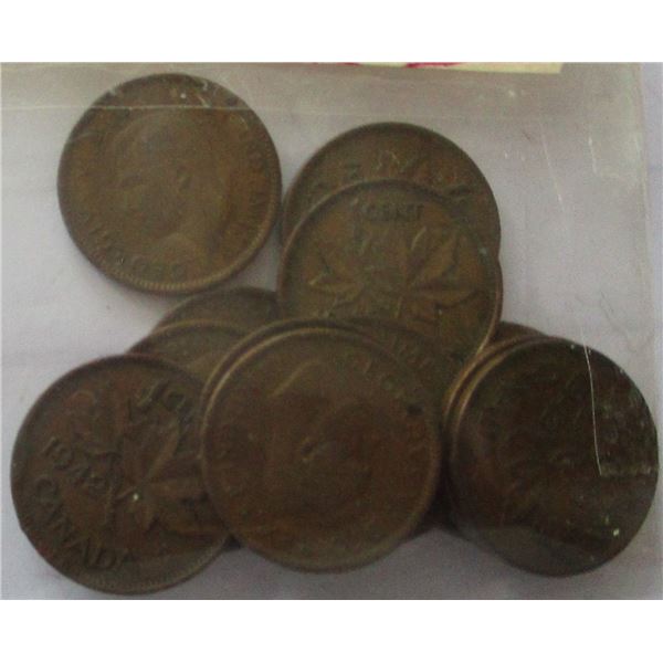 1942 LOT OF 12 LAST OF CANADA KING GEORGE VI PENNIES