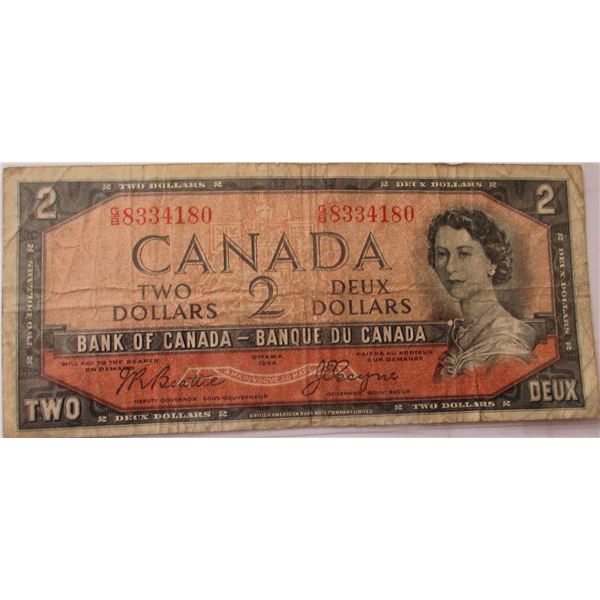 1954 DEVILS FACE BANK OF CANADA LEGAL TENDER $2 BILL