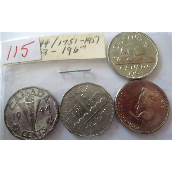 1944 VICTORY, 1751 - 1951 SMOKESTACK & 1867 - 1967 RABBIT NICKELS