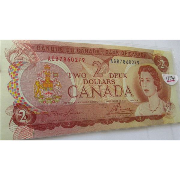 1974 UNCIRCULATED MULTI COLORED LAST OF CANADA $2 BILLS