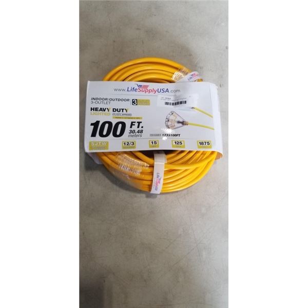 AS NEW 100FT HEAVY DUTY 3 OUTLET YELLOW EXTENSION CORD. 12AWG/3C