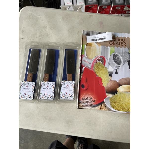ROLLING GRATER AND 3 LOUIS TELLIER RACLETTE KNIVES