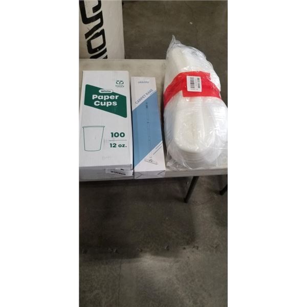 100 PAPER CUPS (12 OZ) AND OKKOBI CARPET RAKE AND A PILLOW
