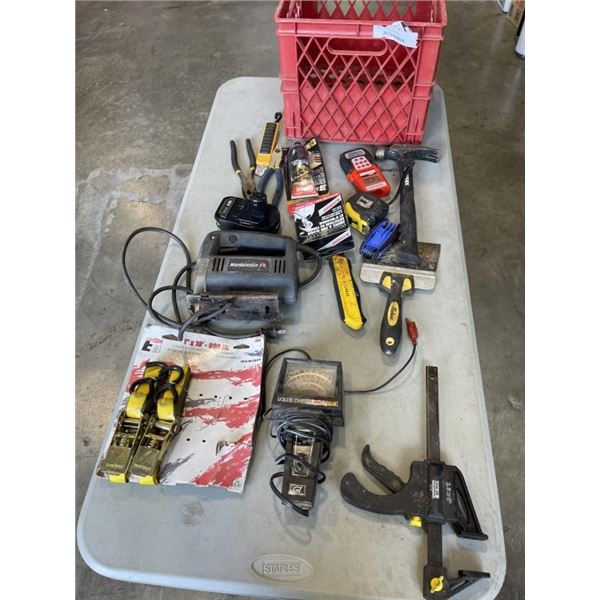 CRATE OF TOOLS INCLUDING MASTERCRAFT JIGSAW, VICE, HUSKY HAMMER, BATTERY TESTER
