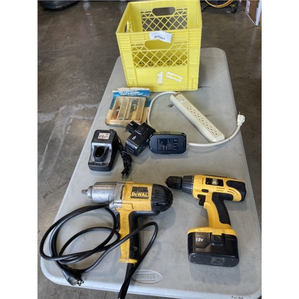 CRATE OF TOOLS INCLUDING POWERFIST DRILLS, 18V BATTERIES, POWER BAR