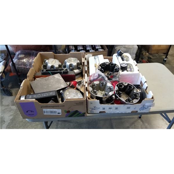 2 TRAYS OF CAR PARTS INCLUDING LIGHTS, TWO CHANNEL WIRELESS MICROPHONE, CISCO RV320