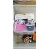 Image 2 : TOTE OF OUTDOOR GOODS INCLUDING CAMPING POTS, FISHING REELS, HEAT PACKS