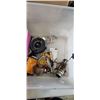 Image 5 : TOTE OF OUTDOOR GOODS INCLUDING CAMPING POTS, FISHING REELS, HEAT PACKS