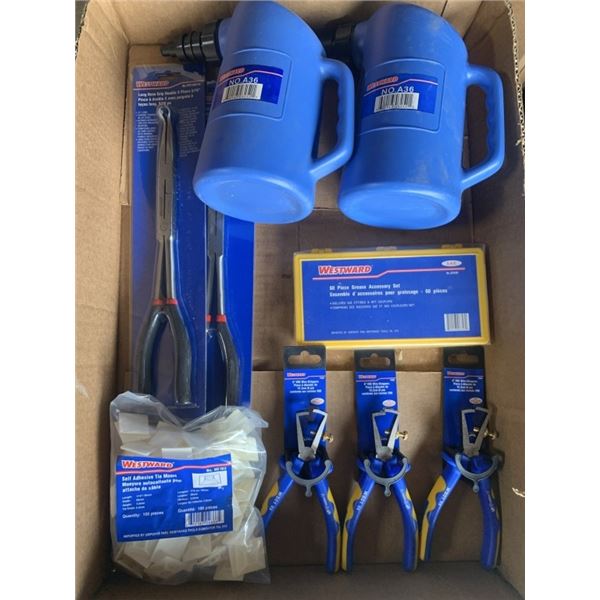 2 NEW WESTWARD 2 QUART DISPENSER JUGS, 60 PC GREASE GUN ADAPTER KIT, WIRE STRIPPERS AND 2 LONG NOSE 