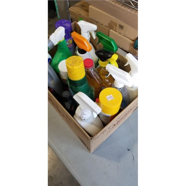 TRAY OF 16 CLEANING SUPPLIES BOTTLES INCLUDING RAID, EASY ON, ARMORALL