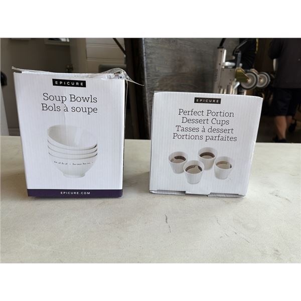 4 NEW EPICURE SOUP BOWLS AND 4 NEW PERFECT PORTION DESERT CUPS