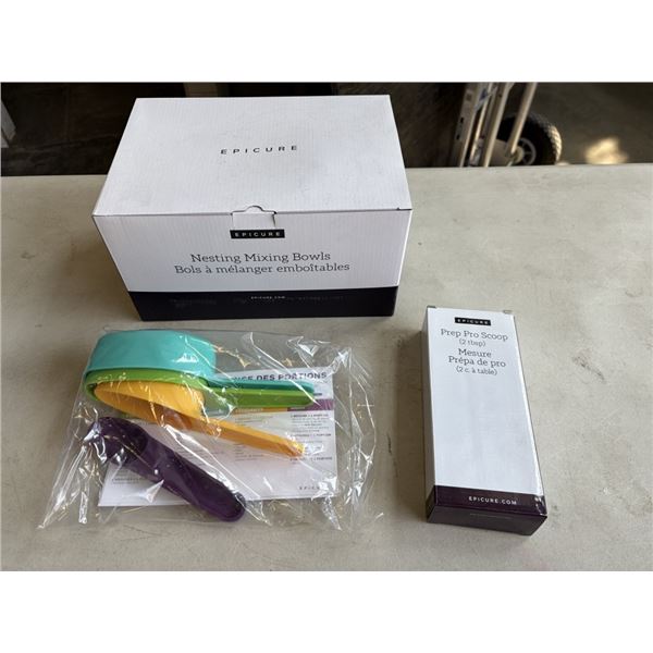 NEW EPICURE NESTING MIXING BOWLS, MEASURING CUPS, AND 2TBSP PREP PRO SCOOP