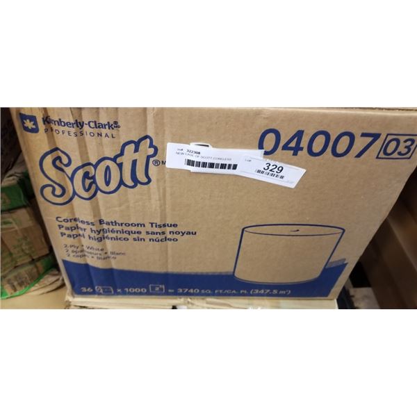 NEW CASE OF SCOTT CORELESS BATHROON TISSUE, 2 PLY 36 ROLLSX 100 SHEETS