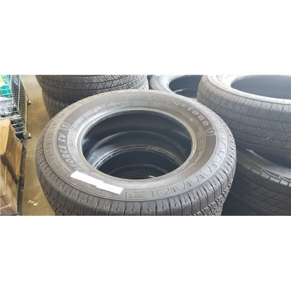 SET OF 4 FIRESTONE TRANSFORCE CV 235/65/R16C TIRES, SEE PICTURES FOR TREAD DEPTH, GOOD USEABLE TIRES