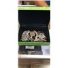 Image 1 : VINTAGE GREEN GLASS CASE W/ LOTS OF RHINESTONE JEWELRY