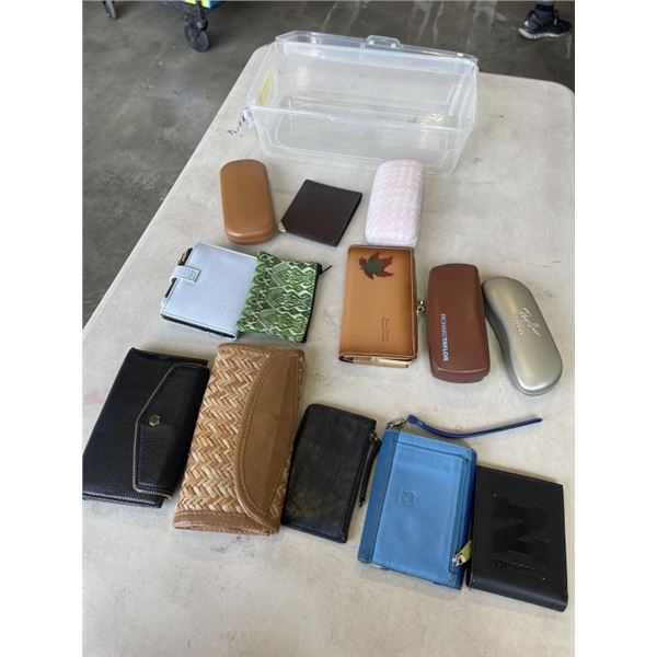 PLASTIC TOTE OF WALLETS, COIN PURSES AND SUNGLASS CASES
