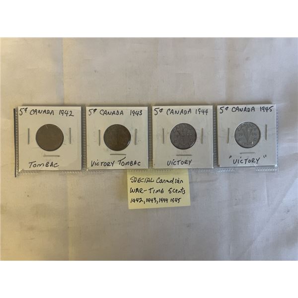 4 CANADIAN SPECIAL WAR TIME 5 CENTS 1942, 1943 TOMBAC, 1944, 1945