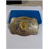 Image 1 : HUGE OF SILVER AND GOLD LIONS HEAD BELT BUCKLE, 5.4" X 3.75"