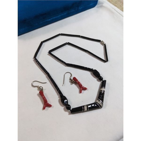 HAND CRAFTED BLACK CORAL NECKLACE AND PAIR OF SILVER W/ RED CORAL EARRINGS