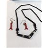 Image 2 : HAND CRAFTED BLACK CORAL NECKLACE AND PAIR OF SILVER W/ RED CORAL EARRINGS