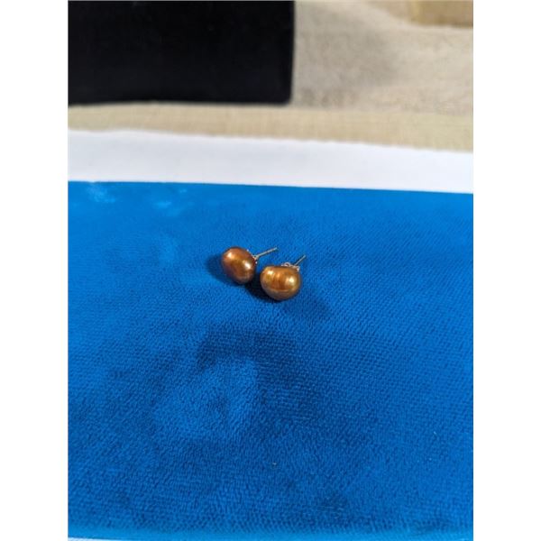 14K GOLD W/ BRONZE COLOUR PEARLS PAIR OF EARRINGS