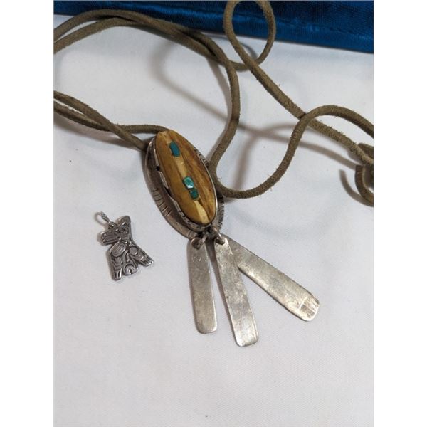 AMERICAN NATIVE SILVER PENDANT W/ CORD NECKLACE AND HAIDA STERLING SILVER PENDANT
