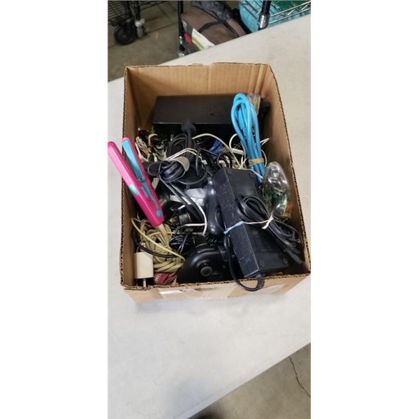 TRAY OF ELECTRONICS INCLUDING XBOX CONTROLLER, PS CONTROLLER, AC/DC ADAPTER, EXTENSION CORD ETC