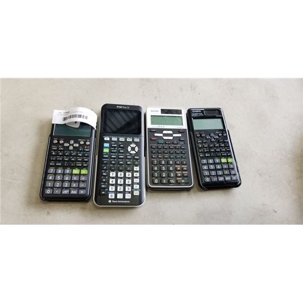 4 CALCULATORS. 2 FROM CASIO, 1 FROM SHARP, 1 FROM TEXAS INSTRUMENTS