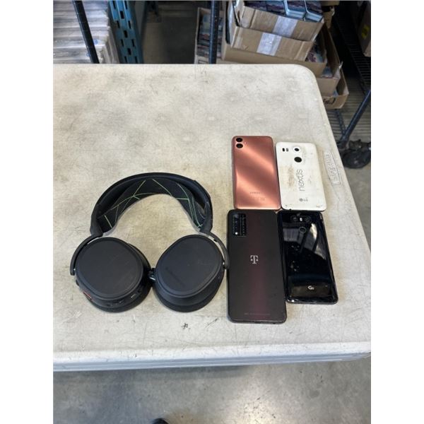 STEEL SERIES HEADPHONES AND 4 CELLPHONES FOR PARTS. 2 LG, 1 SAMSUNG