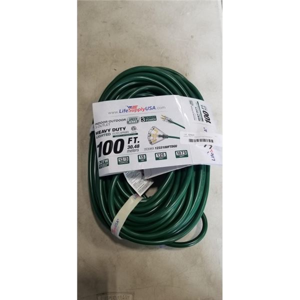 HEAVY DUTY 100 FOOT EXTENSION 3 OUTLET GREEN EXTENSION CORD. 12AWG/3C