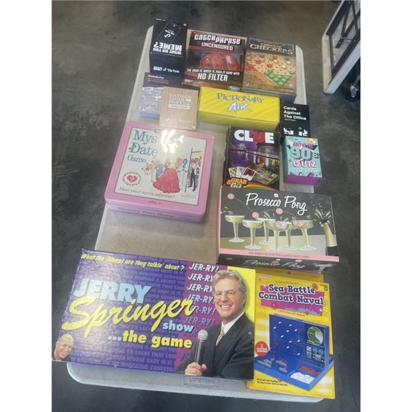 TRAY OF BOARD GAMES INCLUDING TIK TOK, GATHER YOUR PARTY, PICTIONAIRY, MYSTERY DATE GAME ETC