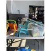 Image 1 : PLASTIC TOTE OF KIDS TOYS, BABY MAT, KIDS WALKER AND KIDS PLASTIC CHAIR