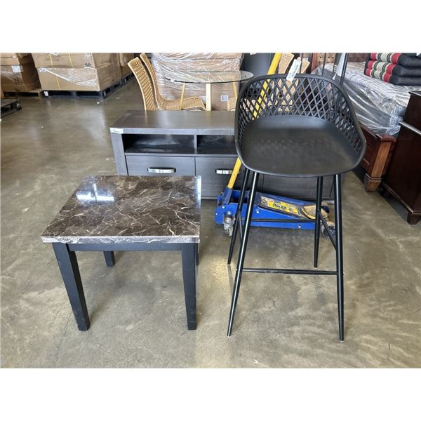 MARBLE LOOK SIDE TABLE AND BLACK COUNTER STOOL