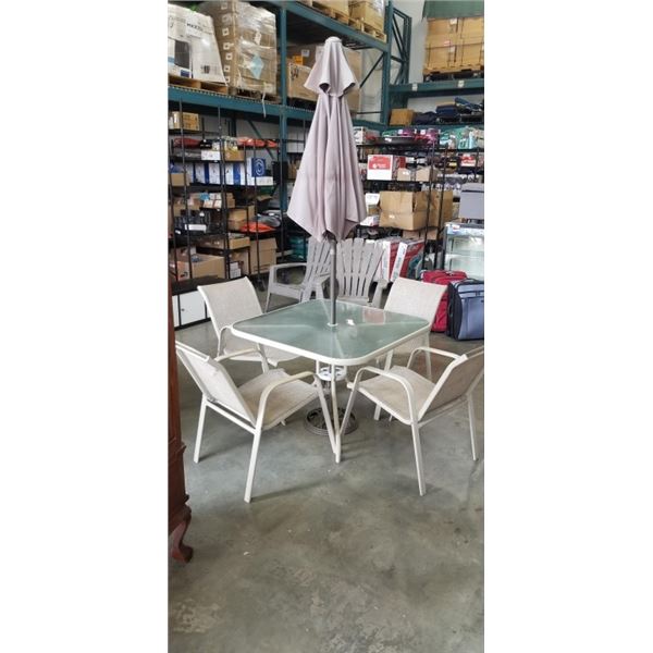 GLASS TOP PATIO TABLE WITH UMBRELLA STAND AND 4 CHAIRS