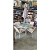 Image 1 : GLASS TOP PATIO TABLE WITH UMBRELLA STAND AND 4 CHAIRS
