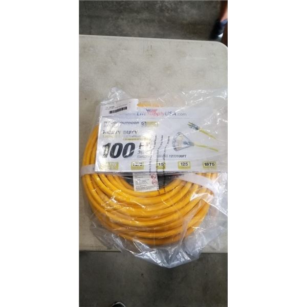 AS NEW 100FT HEAVY DUTY 3 OUTLET YELLOW EXTENSION CORD. 12AWG/3C