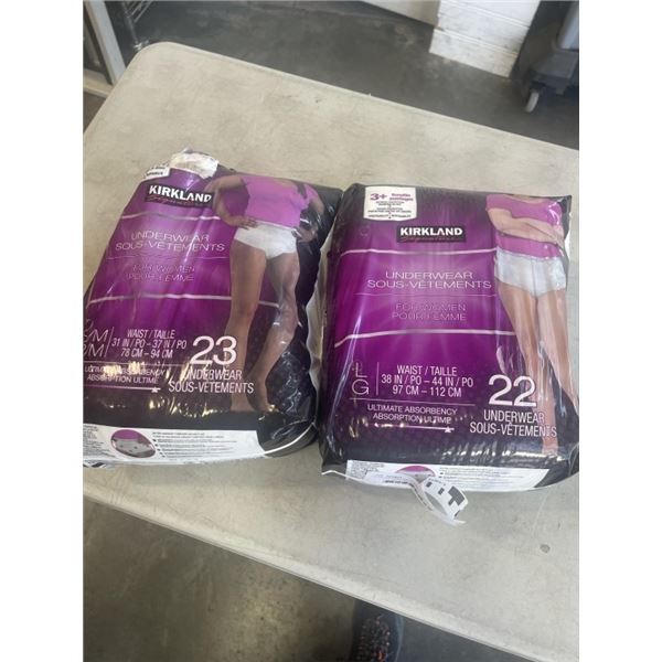2 PACKS KIRKLAND LADIES DIAPERS. 1 PACK IS S-M, 1 IS LARGE