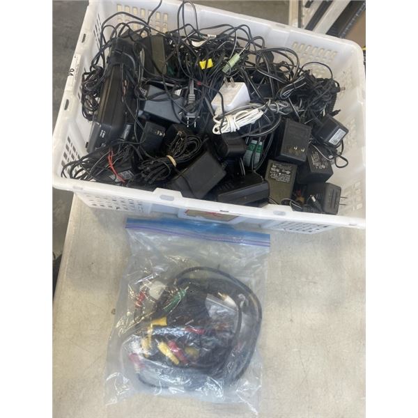 PLASTIC TOTE FULL OF AC ADAPTERS