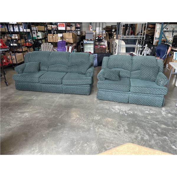 GREEN FABRIC SOFA  AND LOVE SEAT