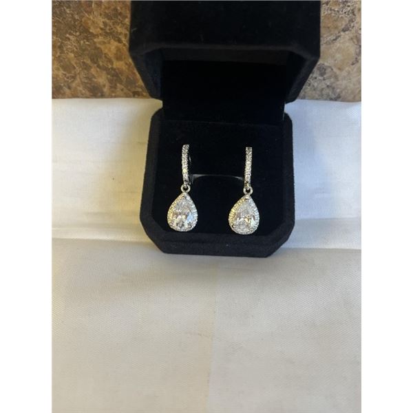 NEW S925 2.0CT EACH PEAR CUT SIMULATED DIAMOND (CZ) HALO DANGLE EARRINGS, MOUNTED IN 925 STERLING SI
