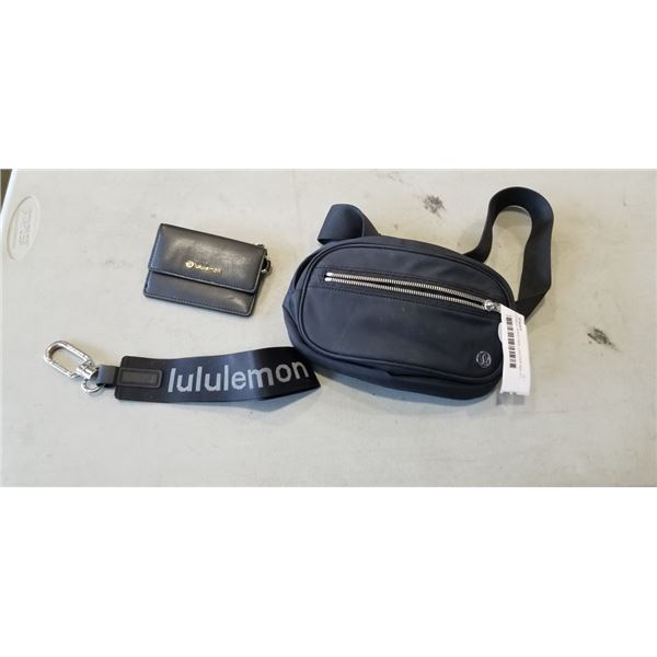 LULULEMON WAIST BAG, LEATHER WALLET AND LANYARD. UNAUTHENTICATED