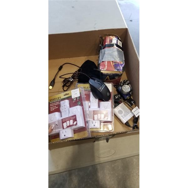 TRAY OF ELECTRONICS INCLUDING 2 STANLE WIRELESS REMOTE SYSTEMS, KLIM MOUSE, HEADLIGHT, SMART AC 100 